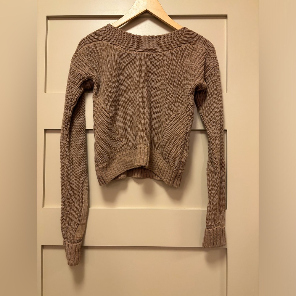 CLUB MONACO Cotton Stretch Crop Boat Neck Slim Rib Knit Brown Sweater Suedette